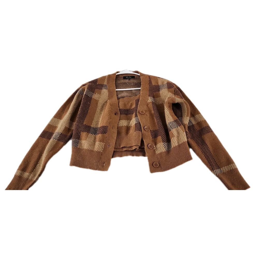 Witty Fox Plaid Cropped Y2K 2 Piece Cardigan For Women XS Preppy Classic Brown